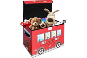 MISHMASH Foldable Kids Toy Storage Box With Lid – Collapsible Fabric Storage Box – School Bus Design – For Children/Toddler/Baby – Multipurpose Storage Chest For Toys, Books, Games (Red)