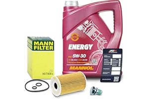 BESTPRICE Inspektionspaket Filterset mit 1x MANN-FILTER Ölfilter; 1x Motoröl 5W-30 5 Liter, 1x Ölablassschraube mit Dichtring, 1x Ölwechselanhänger