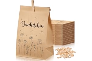 Faccito 36 Gift Bags Set Kraft Paper Bags 13 x 24 cm Thank You Gift Small with 36 Mini Wooden Pegs for Wedding Birthday Christening Confirmation Communion (Thank You)