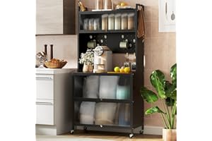TANGZON 5/6 Tier Kitchen Cabinet, Rolling Kitchen Baker's Rack with Translucent Flip Doors, Pegboard, Hooks & Wheels, Microwave Stand Pantry Cupboard Unit (Black, 5 Tier, 80x40x163cm)