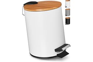 VMbathrooms 3L Poubelle Salle Bain | Poubelle à Pédale avec Fermeture Souple | Poubelle à cosmétiques au Design Élégant avec Couvercle en Bois de Bambou | Blanc