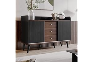 Sweiko Kommode mit 2 Türen und 3 Schubladen, Rattan Türkommoden mit Schubkasten, Sideboard mit Verstellbare Ablage, Schubladenkommode Holz Mehrzweckschrank für Flur Schlafzimmer Wohnzimmer Badezimmer