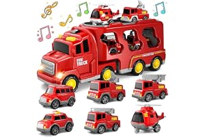 Dcceeo 7-i-1 brandbilsleksaksset, brandlastbil med ljud och ljus, friktionsdriven transportör med 6 minibrandfordon, födelsedagspresenter för pojkar och flickor 2 3 4 5 år