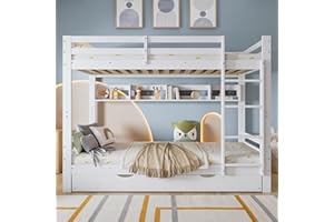 Oyemige Letto a Castello 90x200 cm, Letto per Bambini con Letto Estraibile, Modern Letto Matrimoniale con Parapetto e Scala, Struttura In Pino, con Parapetto, Rete A Doghe, Bianco, Senza Materasso