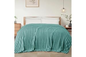 Exclusivo Mezcla Flanelowy koc polarowy w rozmiarze king size, super miękki żakardowy koc 3D, w paski, lekki, puszysty, przytulny koc na każdą porę roku, 230 x 265 cm, koc celadonowy