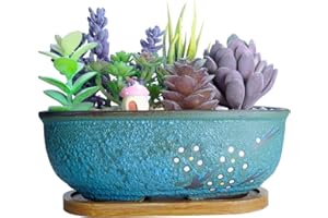 ARTKETTY Ceramiczne doniczki na sukulenty, 20 cm prostokątna doniczka bonsai z otworem drenażowym, mały szkliwiony pojemnik na rośliny kaktusa, dom ogród okno pudełko z tacą