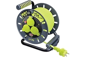 Masterplug Pro-XT Enrollacables 3 tomas IP44 con asa de bobinado, interruptor térmico e interruptor de alimentación, cable de alta visibilidad de 25 metros