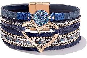 SIXDUTON Bracelet Enroulé En Cuir Multicouche Pour Femmes, Bracelet Manchette Bohème En Forme De Cœur avec boucle magnétique Pour Filles