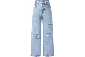 Maeau Girls Jeans Distressed Ripped Denim Jeans Elastic Waist Straight Wide Leg Denim Pants Kids Casual Baggy Vintage Streetwear