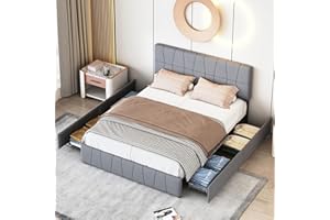 BHFFTHK Letto imbottito 160 x 200 cm con 4 cassetti, doppio telaio con schienale e rete in doghe di legno, testiera regolabile in altezza