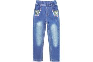 KIDSCOOL SPACE Jeans Ricamati da Bambina,Pantaloni con Fondo in Denim Elasticizzato in Vita da Bambina