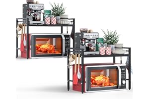 NETEL 2 Pezzi allungabile mensola microonde a 2 Livelli,supporto microonde salvaspazio,mensola per friggitrice ad aria,scaffale da cucina，Organizzatore di Stoccaggio per Cucina con 8 Ganci, Nero