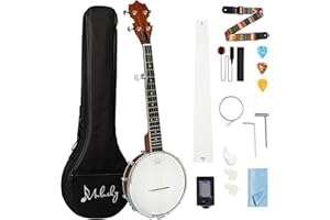 Mulucky B806 - Banjo a 5 corde, 66 cm, da viaggio, con corpo in sapele, parte posteriore solida, kit per principianti, con custodia, plettri, tracolla, per principianti