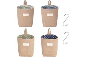 KVBUCC 4 Linen Hanging Bags,Storage Bags,Hanging Storage Baskets,Desktop Arrangement,Folding Storage Baskets,Detachable Folding,With S Hooks, Suitable For Home Storage,Toy Storage