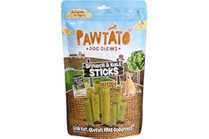 Pawtato Vegan Dog Chews Spinach And Kale Sticks (1x120g). Natural rawhide alternative dog treat. Low fat, plant based, hypoallergenic, sweet potato and rice chews.