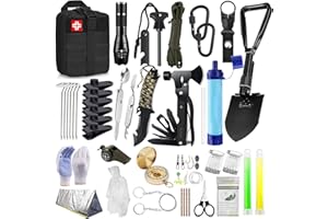 AuRiver Kit de Supervivencia, Equipo de Emergencia con Filtro de Agua, Kit Supervivencia con Cuchillo de Caza, Kit de Primeros Auxilios para Viajar Caminar Acampar al Aire Montaña (Negro)