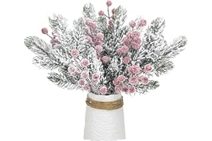 KKSTY Set di 24 rami di pino innevato artificiali, rametti di pino floccato di Natale, bacche di agrifoglio smerigliate, per realizzare ghirlande natalizie, artigianato, riempitivi per vasi,