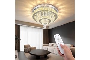 XEMQENER LED Dimmable Chandeliers Ceiling Light, Φ40cm Modern Flush Crystal Ceiling Light, Round Crystal Chandelier with Clear K9 Crystals & Remote for Bedroom Living Room Dining Room Hallway