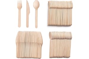 BLUVAST Couvert Jetable, 300 Pièce Couverts Jetables, Biodégradable Couvert en Bois, Fourchette en Bois, Cuillère en Bois, Couteau en Bois, Couverts de Table Jetables Convient pour Fêtes Mariages Pique Niques