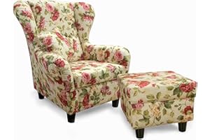lifestyle4living Ohrensessel mit Hocker mit Webstoff Blumenmuster bezogen | Der perfekte Polstersessel für entspannte, Lange Fernseh- und Leseabende.