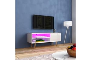 T AUNTY STORE LED TV Unit with 1 Door 2 Open Shelves Modern Gloss Front TV Stand Unit for Living Room Cabinet Media Stand Furntiure RGB Light White 110cm