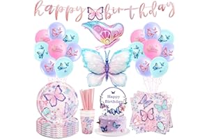 VERLUKY 99 Stück Schmetterling Partygeschirr,Schmetterling Geburtstag Geschirr für 20 Gäste,Schmetterlings Pappteller Luftballon Tassen Servietten für Mädchen