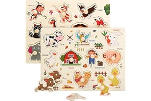 GSRENYU 2 Set Wooden Puzzles for Kids 3-6 Year Olds, Chunky Child Farm Animals Peg Puzzles, Educational Jigsaw Puzzle for Preschool(Classic)