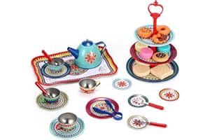 SOKA Play Imagine Learn Vintage Style Afternoon Metal Tea Party Tea Cakes Set Toy for Kids - 40 Pcs Classic Colourful Design Toy Tea Set for Children Role Pretend Play Food