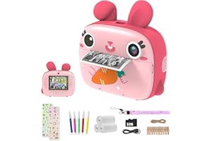 Camclid aparat dziecięcy do natychmiastowego zdjęcia, aparat dla dzieci z 3 rolkami papieru termicznego i kartą SD 32 GB, aparat cyfrowy i kamera wideo z ekranem 2,4", aparat fotograficzny, natychmiastowy prezent dla dziewcząt i chłopców (różowy)