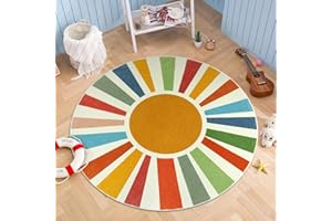 STARUIA Retro Sun Round Rug for Bedroom, 4 Ft Boho Washable Rug for Nursery Room, Circle Kids Rug Non-Slip Play Mat for Playroom, Soft Indoor Carpet for Entryway Dorm