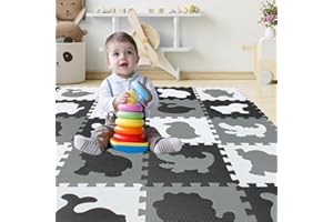 qqpp EVA Puzzle Tapis Mousse Bebe - Idéal pour Les Tapis De Jeux Enfant, 18 Dalles(30 * 30 * 1cm), Animaux, Blanc, Noir, Gris. QQP-51(ADL) b18N