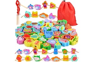 Ophy 48PCS Wooden Threading Toys | 2 in 1 Magnetic Fishing Montessori Toys 6 Themes for Kids 3+ Year Old Educational Learning Toys Fine Motor Skills Gifts for 3 4 5 Year Olds Kids Beads Threading Game