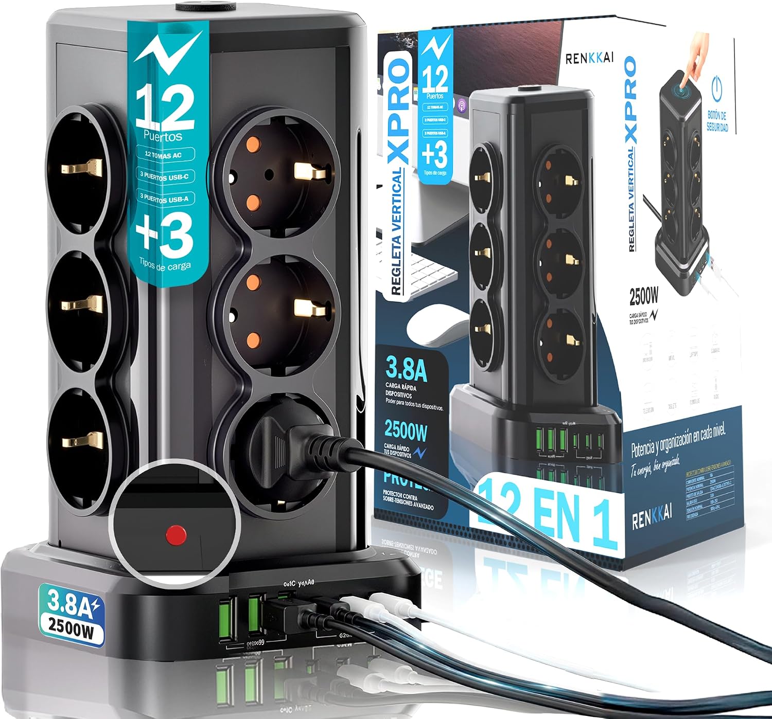 Power Strips Sockets 18 Ports with Switch | Extension Cable | Power Strip Plugs with USB | USB 3 + 3 Ports USB Type C | Multiple Plug | Tower Sockets Vertical | 3 M Cable