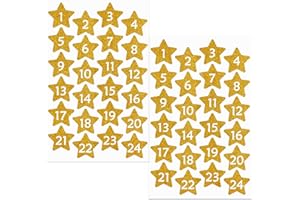 JOYEASE 2 Blatt Glitzer Adventskalender Zahlen Aufkleber, Gold Sterne Zahlenaufkleber 1-24 Adventskalender Sticker Set für Weihnachten Kalender zum selber Basteln und Dekorieren