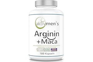 ‎AKTIVMEN´S L Arginin + Maca Kapseln hochdosiert + laborgeprüft - 180 Kapseln vegan - L-Arginin Base pflanzlich aus Fermentation + Maca Wurzel Extrakt 20:1-1 Dose (1x140g) hergestellt ohne Füll- und Trennmittel