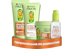 ‎GARNIER Garnier Fructis Keratin Sleek Pflegeset mit Shampoo, Spülung, Maske und Serum, Mit Arganöl und Keratin-Sleek Komplex für trockenes und zu Frizz neigendes Haar