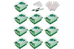 FOHIL 10 sztuk tacek startowych do nasion, zestaw pogrubionych tacek do sadzonek, regulowana wilgotność z przezroczystymi pokrywkami, wodoszczelne tace bazowe, mini zestaw narzędzi ręcznych do uprawy nasion (12 ogniw na tacę)