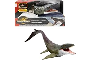 Mattel Jurassic World Rebirth - Mosasauro Super Colossale, enorme dinosauro snodato con due mosse d'attacco, look fedele al film, giocattolo per bambini, 4+ anni, JGB51