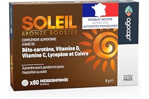 Soleil, Autobronzant Gelule. Accelerateur de bronzage avec Bêtacarotène, Sélénium, Lycopène, Vitamines. Autobronzant 80 comprimés activateur et preparation. Agocap