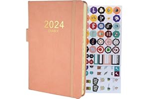 HOYUNLL 2024 Diary A5 Page A Day,Productivity Diary 2024 Day Per Page Daily Planner from Jan 2024 to Dec 2024 with Monthly Tabs, Bookmark, Pen Loop,Planner Sticker and Inner Pocket (Pink)