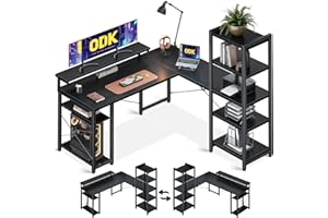 ODK Biurko narożne, 140 x 137 cm, dwustronne, z regałem na książki, biurko z regulowanym długim stojakiem na monitor, biurko w kształcie litery L, do gabinetu i biura domowego, czarne