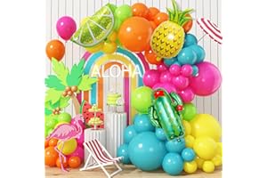 JOBKOO Tropical Balloon Arch Kit, Hawaiian Hot Pink Green Orange Balloon Garland with Pineapple Cactus Lemon Balloons Luau Summer Latex Helium Balloons for Birthday Hawaii Aloha Beach Pool Party Decorations
