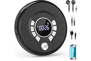 Greadio NEU 2025 CD Player Tragbar mit Kopfhörer, Discman CD Player mit Anti-Skip/Stoßfest und 2000mAh Wiederaufladbarer, Kompatibler FM-Sender, USB, AUX-Ausgang, HiFi-Doppellautsprecher für Auto