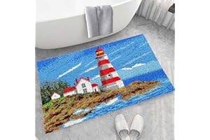 DATOU Groß Shaggy Leuchtturm Am Meer Latch Hook Kit Knüpfteppich Knüpf-Sets Teppich Zum Selber Knüpfen Für Anfänger,Handgemachtes Handwerk Festival-Geschenk Haus Dekoration(Size:80X115CM,Color:Blau)