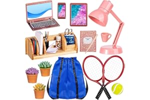 LZMDISU Mini School Supplies, Doll School Supplies Includes Mini Doll Tennis Racket, Laptop, Bookshelf, Tablet, Desk lamp for Dolls Accessories Set