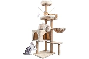 HOMIDEC Kratzbaum, 145 cm Katzenbaum Kletterturm, Katzen Kletterbaum Aktivitätskratzbäum Katzenmöbel mit Sisal Säulen, Katzenspielzeug, Katzen Höhle, Beige