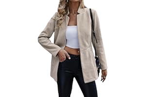 Jhsnjnr Damen Offen Vorne Elegant Blazer Langarm Stehkragen Wärmen Long Sakko Mantel Business Tweed Anzug Jacke