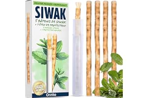 ORINKO 5 Bâtons de Siwak Menthe Poivrée + 1 Étui de Protection – Miswak Brosse à Dents Naturelle Aromatisée Écologique et Vegan – Soin de la Bouche Traditionnel et Blanchiment des Dents