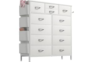 Buluri Chest of Drawers Bedroom, 12 Fabric Drawers Dresser with Side Pockets and Hooks, Wooden Top and Metal Frame, Tall Drawers for Closet, Living room, Kids Room (White)
