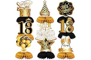LINGQIANG 9 Stück Deko 18. Geburtstag Junge, Schwarz und Gold 18 Geburtstag Tischdeko Bienenwabe Mittelstück mit Tortendeko, 18 Jahre Tabelle Topper Dekoration für Mädchen 18. Geburtstag Party Tischdekoration